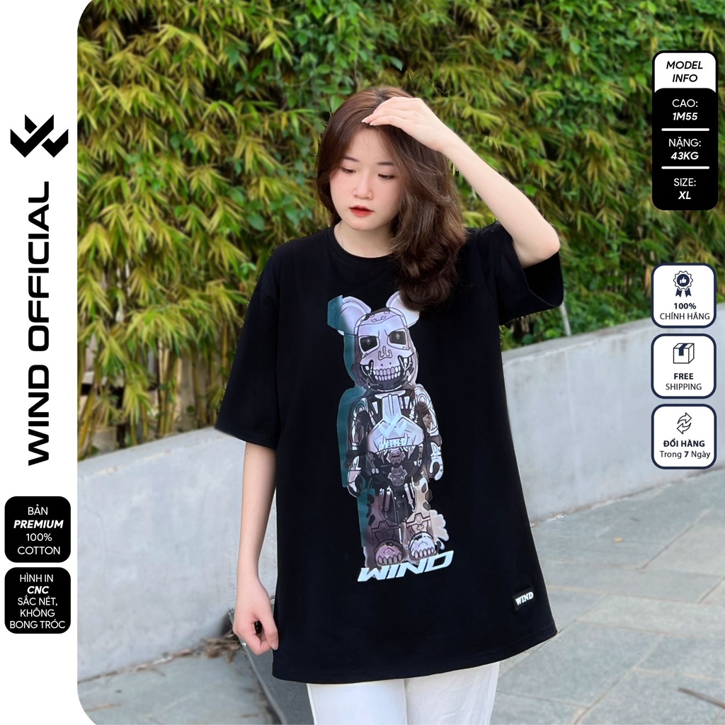 Áo thun tay lỡ unisex WIND phông form rộng 65% Gấu Điện nam nữ oversize