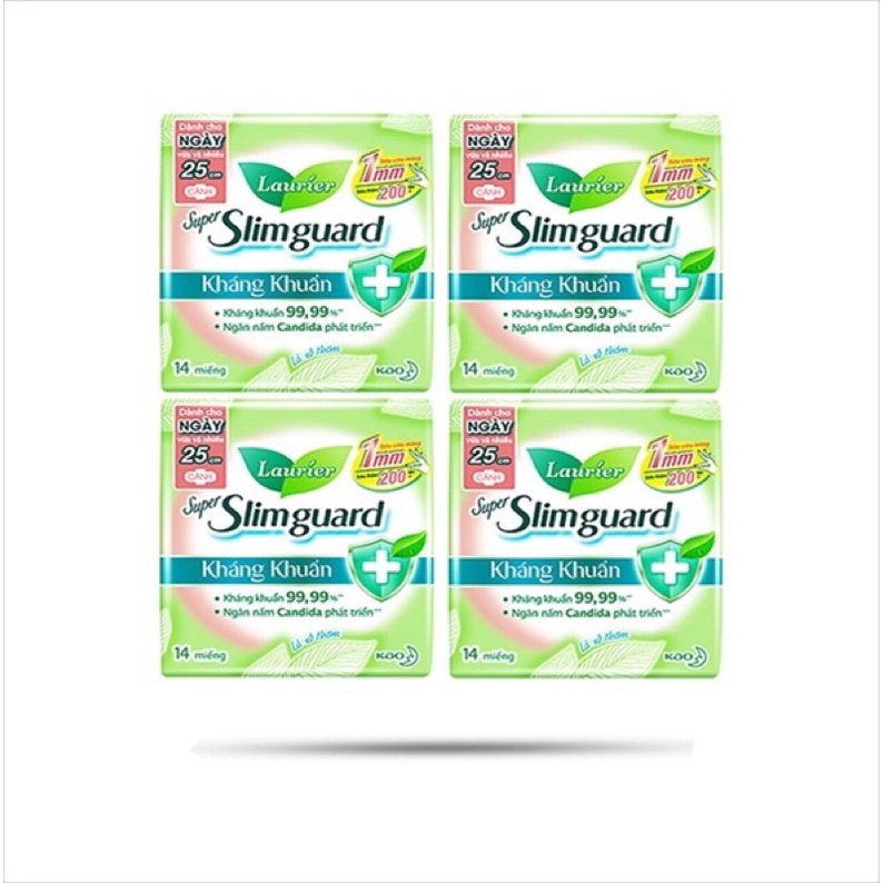 Combo 4 Gói Băng Vệ Sinh Laurier Siêu Mỏng Cánh 1mm Super Slimguard Kháng Khuẩn (25cm - 14M)