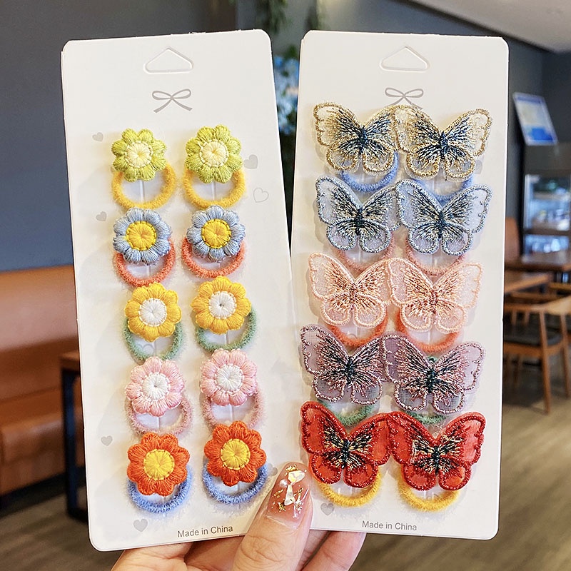 Set 10 dây buộc tóc KIDSBOWS co giãn thêu hoa/ bướm/ nơ/ trái cây dễ thương dành cho bé gái