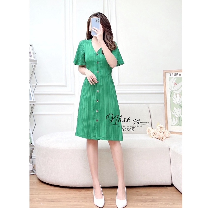 Đầm dự tiệc Nhật Vy cổ tim tay cánh tiên cài cúc eo bo thun chất tơ vân phù hợp đi chơi, cafe sang chảnh  - D2505