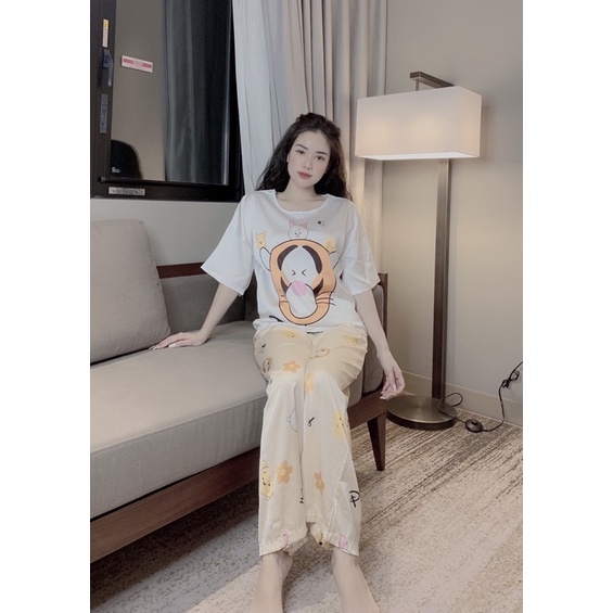 Đồ Bộ Pijama Nữ Lụa Latin Cổ Tròn Cao Cấp,Tay Cộc Quần Dài,Hàng Thiết Kế