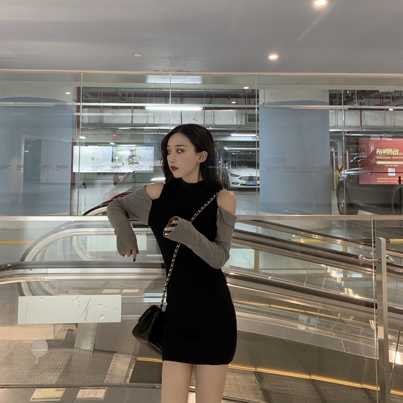 Cocory vn phụ nữ thời trang retro quây cổ tròn mỏng mông dài tay áo dệt kim mini dress