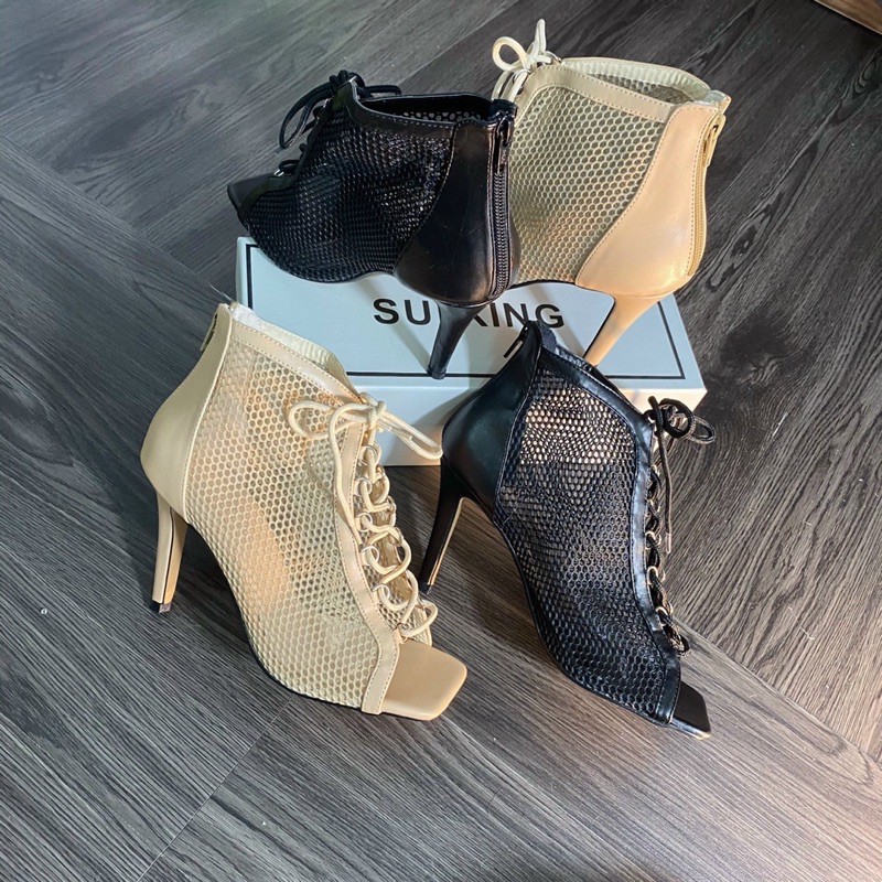 GIÀY BOOTS LƯỚI HỞ MŨI DÂY ĐAN GÓT NHỌN 7P