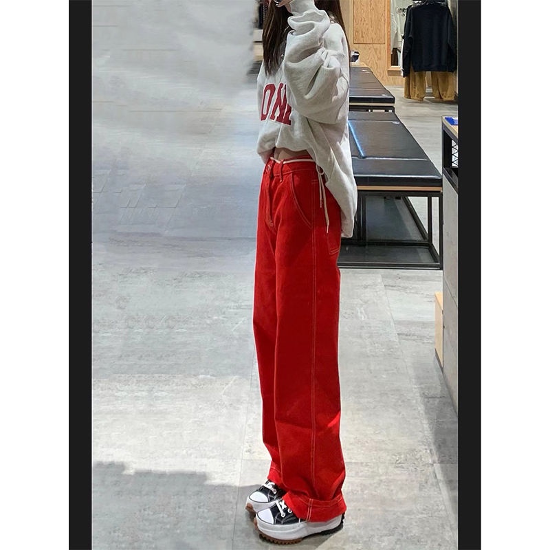 Quần Jean Lưng Cao Dáng Rộng Phong Cách Retro Mỹ Thiết Kế Mới Thời Trang Xuân Thu Cho Nữ