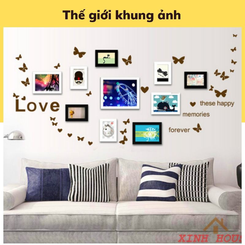 Bộ khung ảnh treo tường trang trí phòng cưới gồm 11 khung kèm đồng hồ và decal dán tường | BigBuy360 - bigbuy360.vn