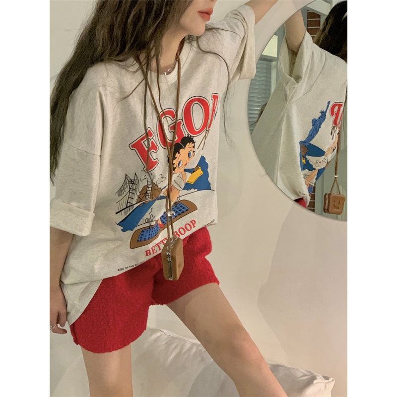 Áo Thun Tay Lỡ Cổ Tròn In Họa Tiết Phong Cách Retro Thời Trang Hàn Quốc Cho Nữ
