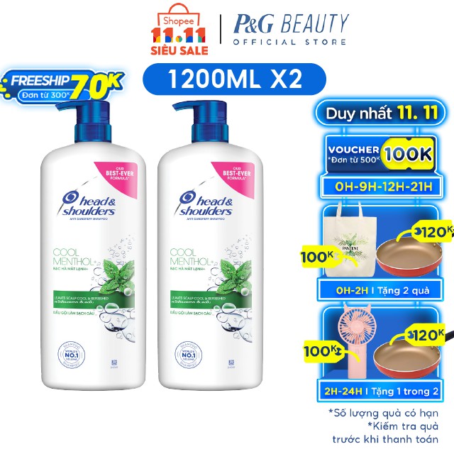[Mã FMCGMALL -8% đơn 250K] Combo 2 chai Dầu Gội Head&Shoulders Bạc Hà Mát Lạnh chai 1200m