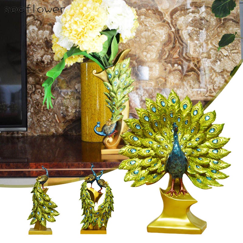 Tượng hình chim công nhựa resin phong cách Châu Âu dành cho trang trí phòng khách