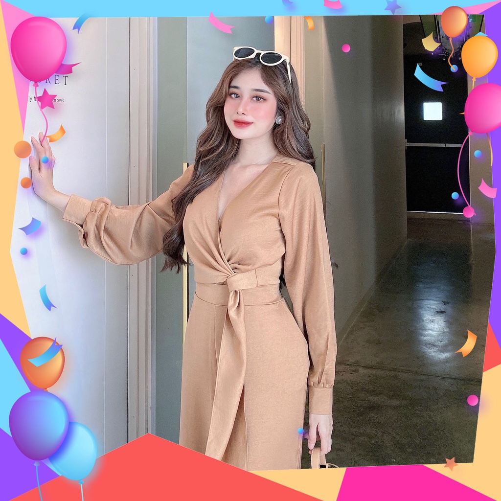 Bộ Quần Áo Nguyên Set Quần Phối Áo Đắp Xỏ Eo Màu Xanh Nude Hàng Hiệu Form Dáng Chuẩn Thoải Mái Sành Điệu