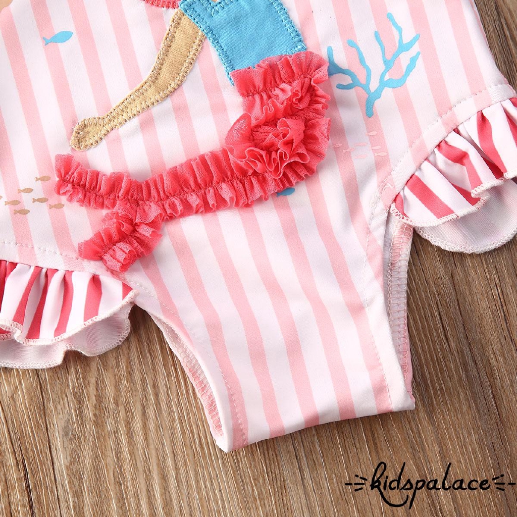 ➤♕❀❤Baby Girls Striped Sleeveless Tassel Ruffle Cartoon Cute Mermaid Pattern Bathing Suit