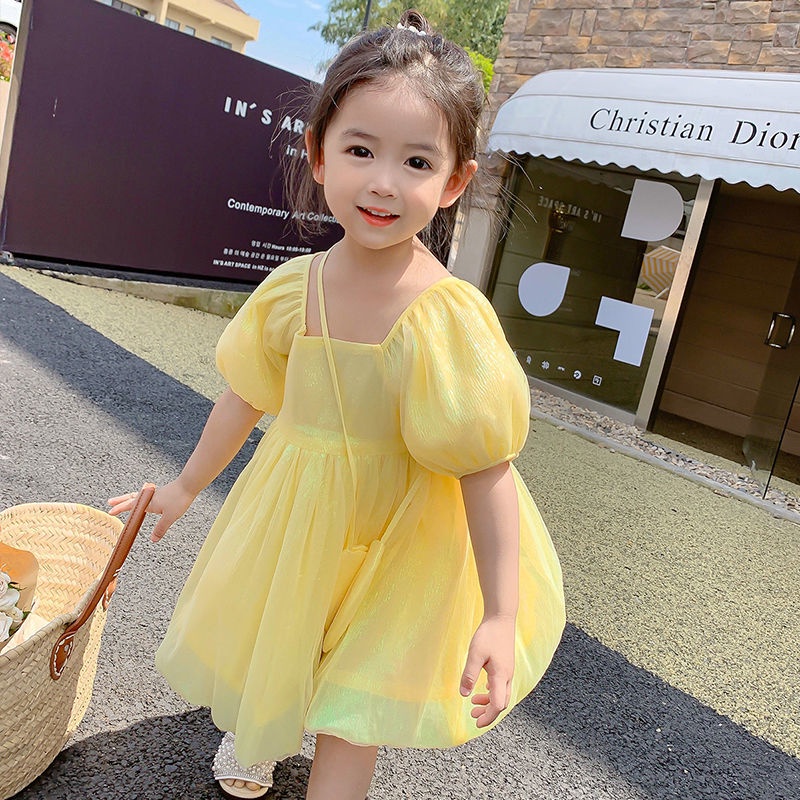 Đầm Công Chúa Tay Phồng Ngắn Màu Trơn Thời Trang Mùa Hè Hàn Quốc Mới Cho Bé Gái