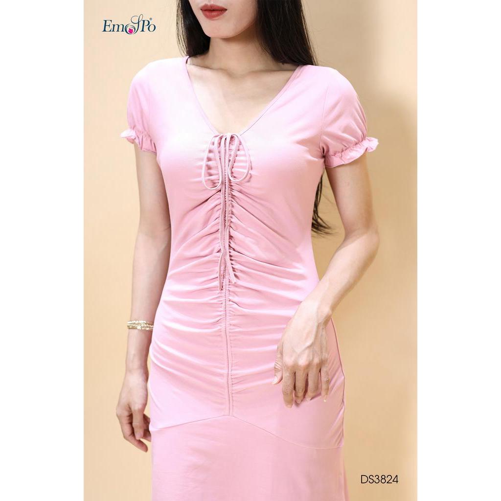 Đầm thun cổ tim, dây rút dúm ly dọc thân Emspo DS3824