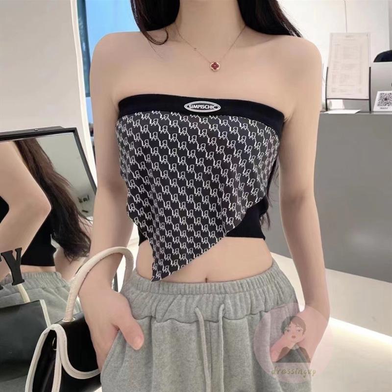 DRE-Women Triangle Tube Tops, Summer Strapless Printed Boat Neck Patchwork Tube Tops