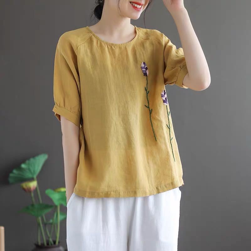 Áo Thun Cotton Lanh Cổ Tròn Dáng Rộng Thêu Hoa Thời Trang Mùa Hè Hàng Mới Dễ Phối Đồ Phong Cách Retro Dành Cho Nữ