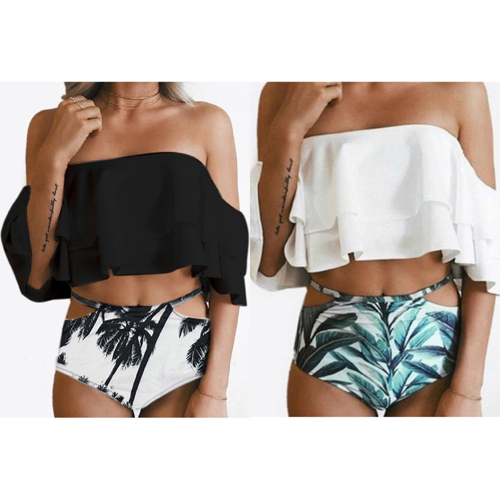 Bikini trễ vai phối bèo hoạ tiết hoa cho phái nữ