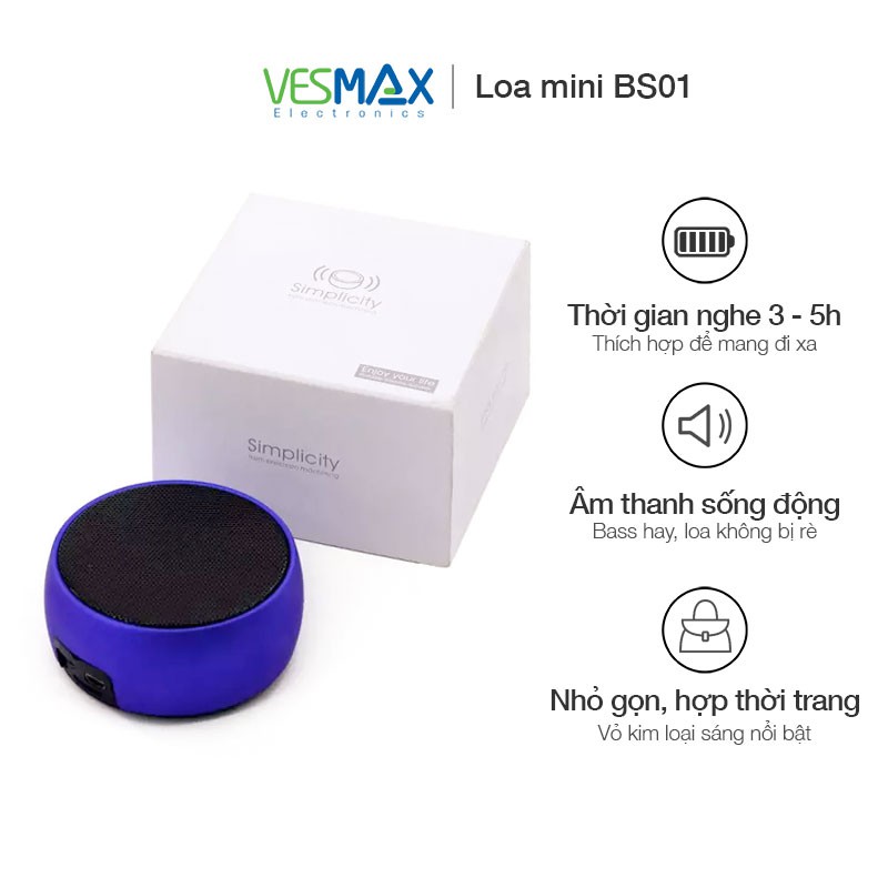 Loa bluetooth mini Simplicity BS01 âm thanh cực hay, bảo hành 3 tháng (giao màu ngẫu nhiên)