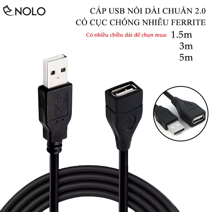 Cáp USB Nối Dài Chuẩn 2.0 Nhiều Chiều Dài 1.5m 3m 5m Tích Hợp Cục Chống Nhiễu Ferrite Bead Chất Liệu Vỏ Ngoài PVC