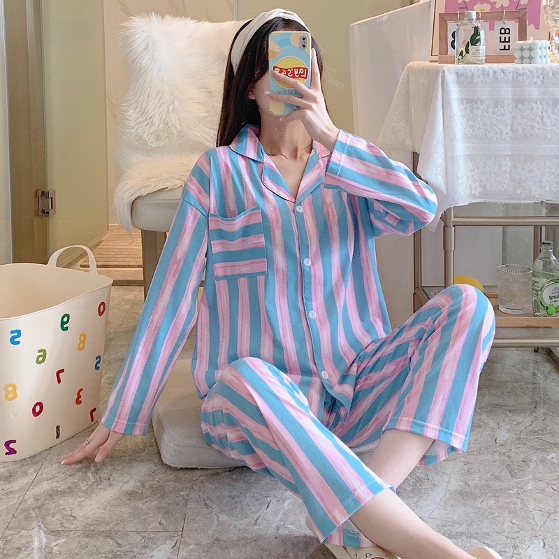 Bộ ngủ pijama dài tay nữ họa tiết kẻ sọc , Bộ mặc nhà ngủ nữ đẹp lụa sữa mùa đông DN03