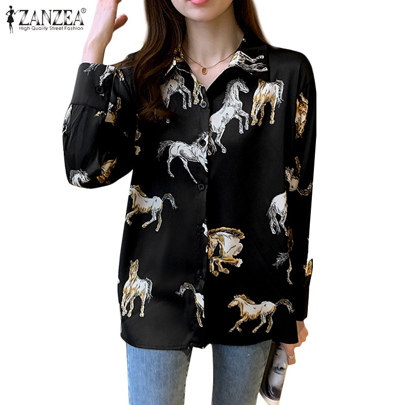 Áo sơ mi nữ ZANZEA tay dài cổ trễ in họa tiết độc đác phong cách Hàn Quốc