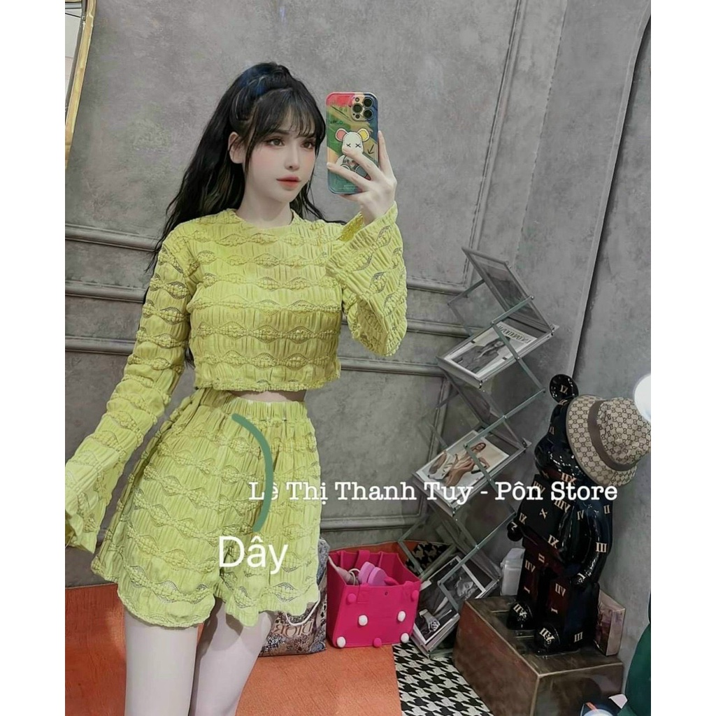 Set Bộ Xốp Dập Sóng Phối Lưới Áo Croptop Tay Dài Loe Kèm Quần Short Loe dễ thương