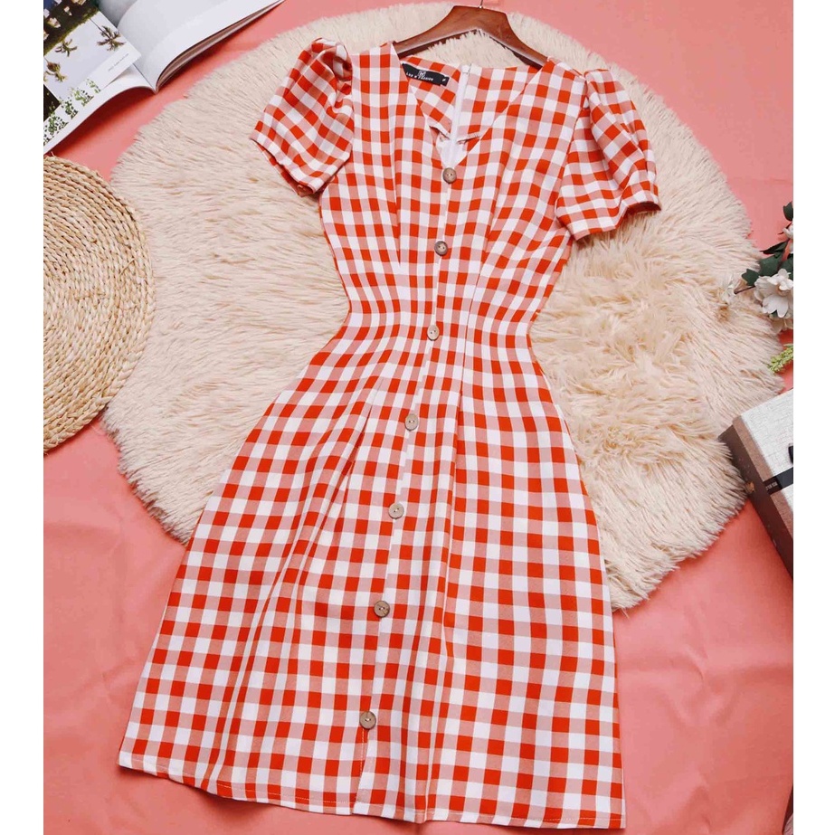 Đầm caro đỏ công sở thiết kế xinh chữ a cổ v tay ngắn thời trang thanh lịch trẻ trung hợp đi làm đi 