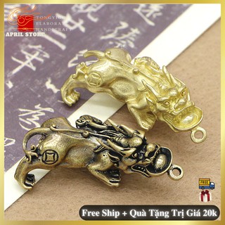 Phong Thủy- Móc Khóa Mặt Dây Chuyền Bằng  Đồng Thau Nguyên Chất Hình Tỳ Hưu Ngậm Tiền-May Mắn - Tài Lộc