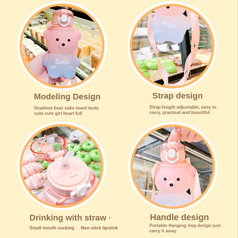 Bình Nước Nhựa 800ML Màu Gradient Hình Gấu Dễ Thương Kèm Ống Hút Cho Bé