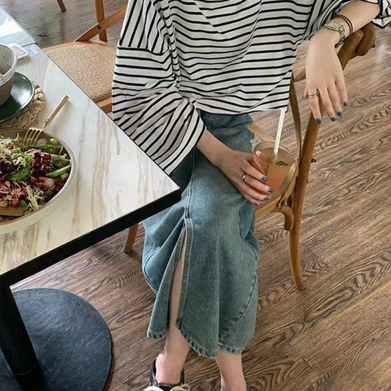 COZOK Chân váy jean Lưng Cao Xẻ Tà Phong Cách Vintage