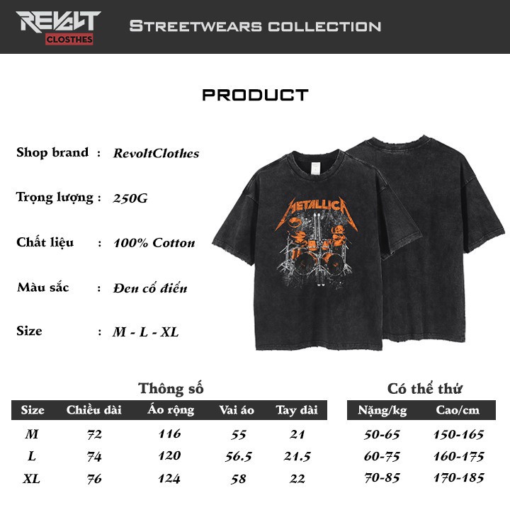 Áo thun nam form rộng RevoltClothes tay ngắn Unisex màu wash xám Metallica Oversize T8852