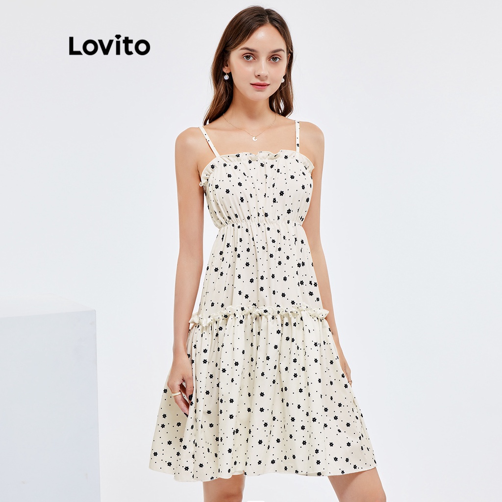 Đầm Lovito dễ thương in hoa viền nhún bèo L25AD119 (màu trắng ngà)