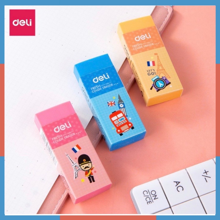 Gôm tẩy màu hồng, cam, xanh dương có hình Deli siêu cute 27950