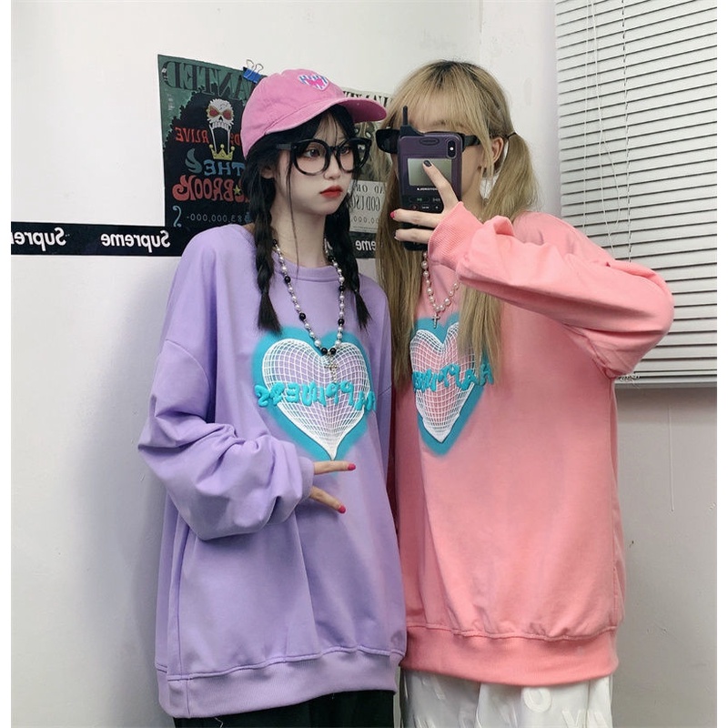 Áo sweater ZHELIHANGFEI tay dài dáng rộng họa tiết trái tim phong cách trẻ trung năng động