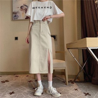 Chân váy jeans xẻ tà màu ghi be quin.16th1