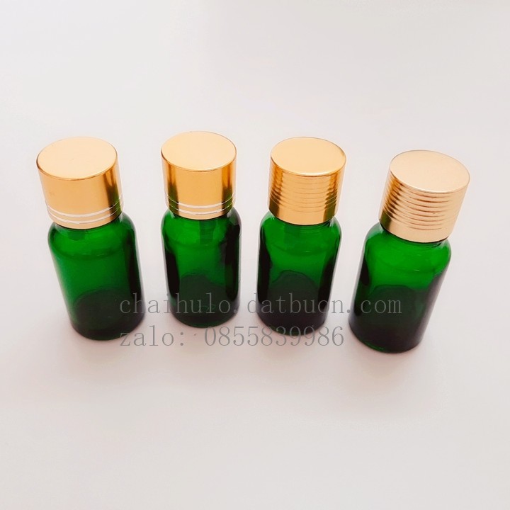 Chai lọ đựng tinh dầu nhỏ giọt 10ml, thủy tinh màu xanh lá nắp nhôm vàng  {sỉ từ 3k}