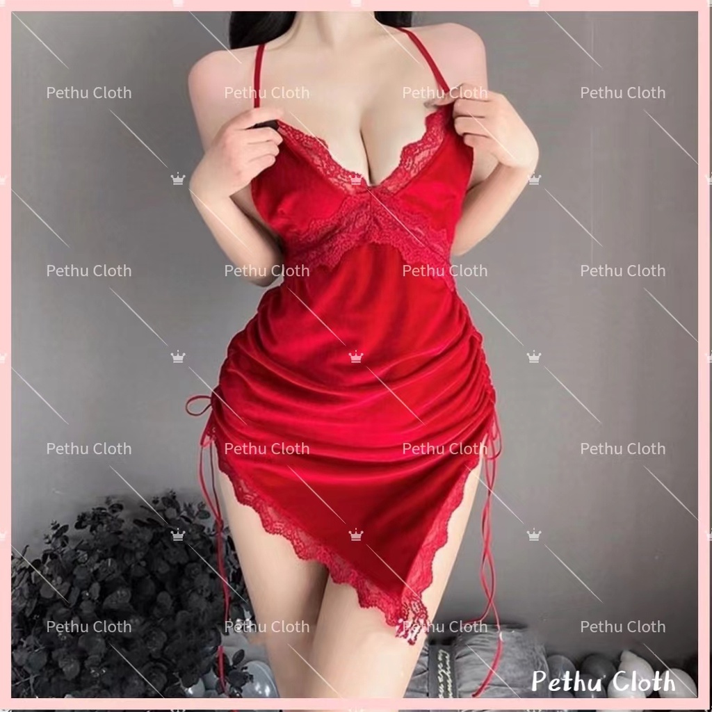 ( Q1,HCM）Đồ Váy ngủ sexy 2 dây gợi cảm kèm chip lọt khe nữ xẻ tà xuyên thấu phối ren ngực đen đỏ nude 40-65kg--014