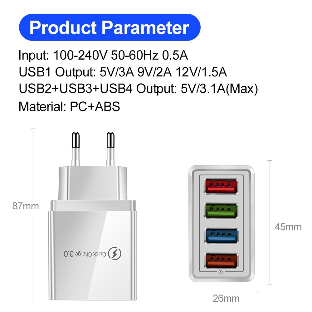 Củ Sạc Nhanh Tiêu Chuẩn Châu Âu 5V3A Dành Cho Iphone Samsung Android 4 Cổng USB