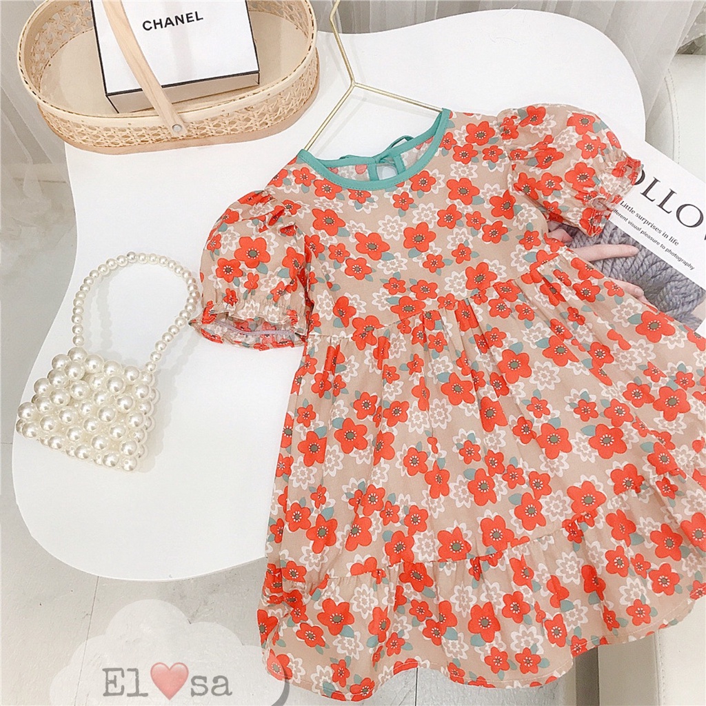 Váy bé gái Babydoll hoa cam dáng xòe tay bồng xinh xắn cho bé gái từ 8 đến 20 kg