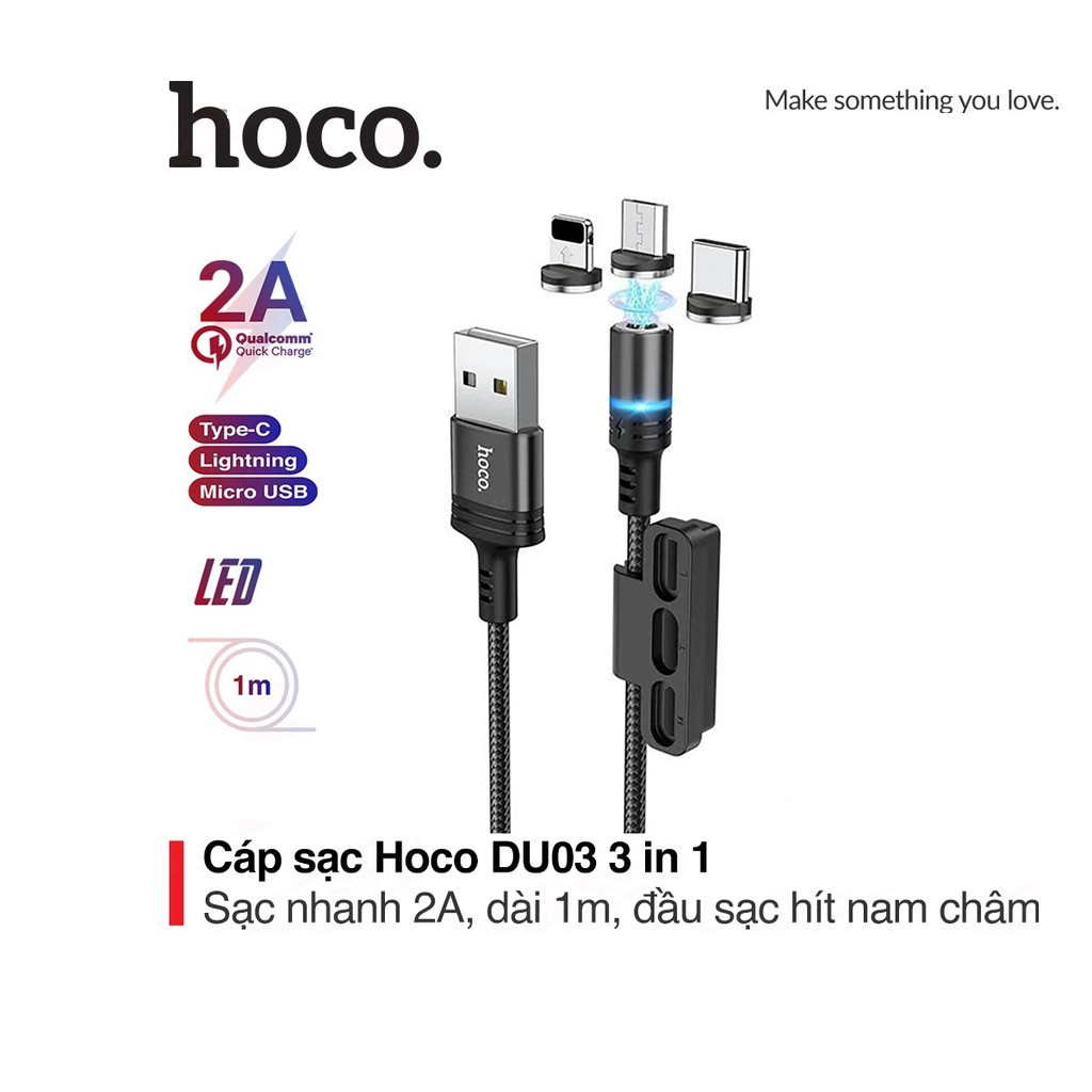 Cáp sạc nhanh 2A nam châm Hoco DU03 thay 3 đầu Lightning/Micro/Type-C dài 1m tương thích với tất cả thiết bị