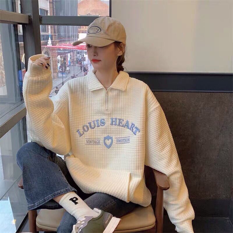 Áo hoodie cổ bẻ chất sốp, có túi mùa thu đông dành cho nữ