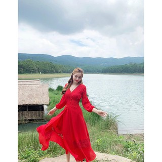 Đầm maxi DM931 thổ cẩm bo bụng đỏ
