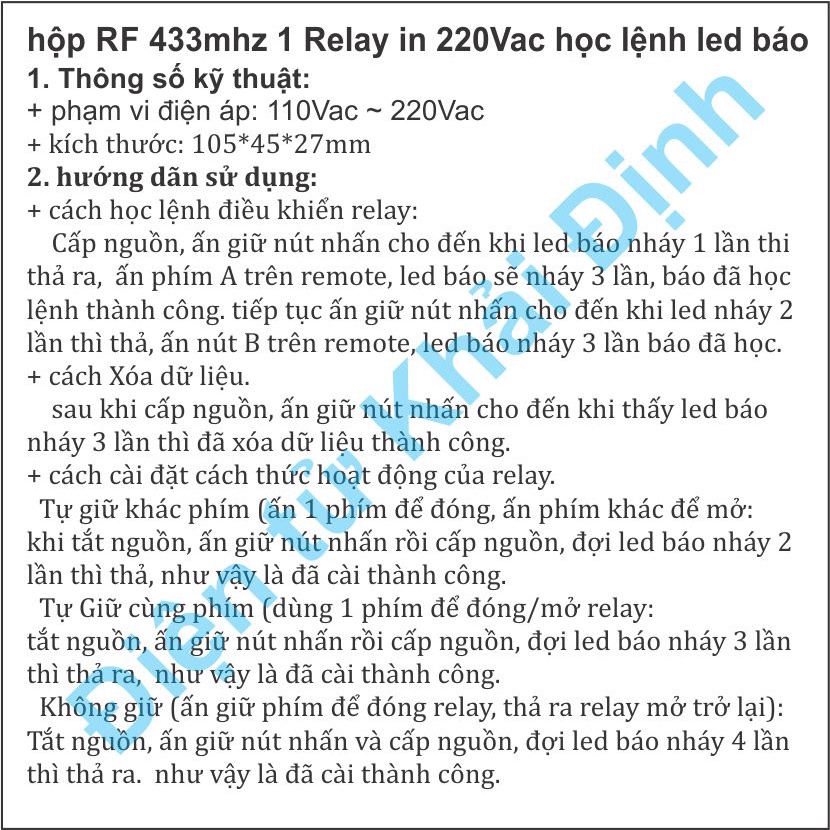 hộp RF 433mhz, 1 Relay, input 220Vac, học lệnh, led báo kde2118