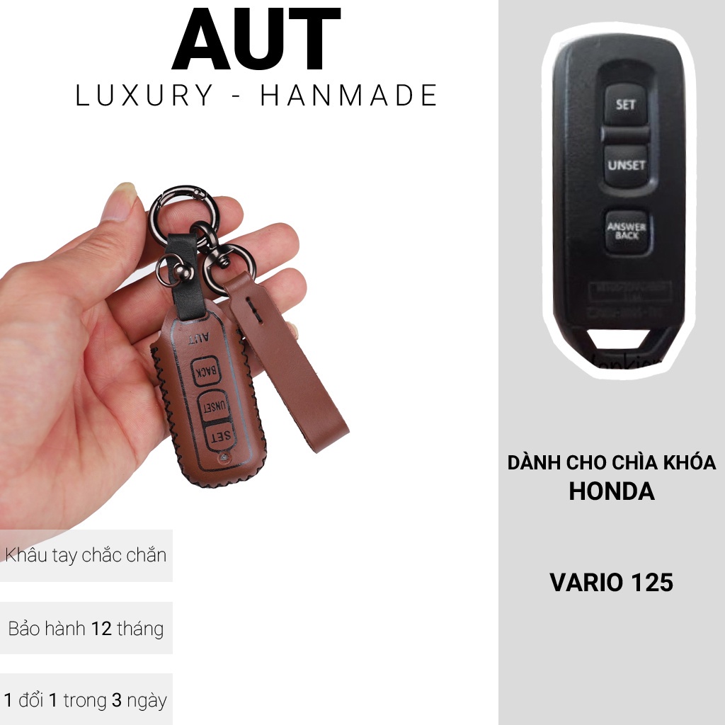 Bao da chìa khóa smartkey Honda Vario 125 - 3 nút bấm, khâu tay, móc tròn, nhiều mẫu.