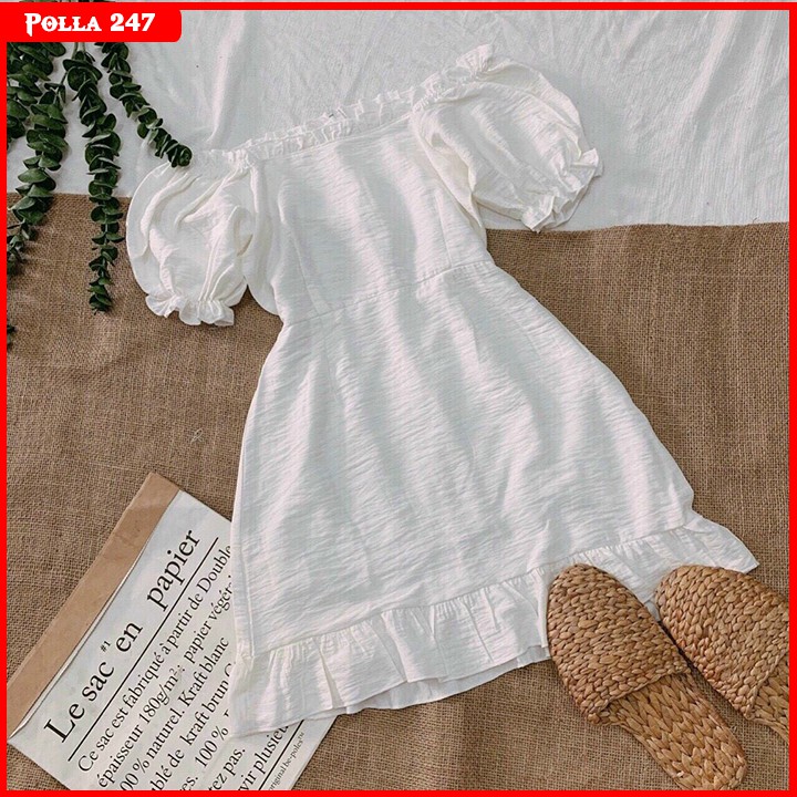 Váy xòe nữ đẹp Polla B054, Đầm dáng xòe, kiểu đầm trễ vai kết hợp xòe điệu đà, tay bồng, xung quanh cổ điệu