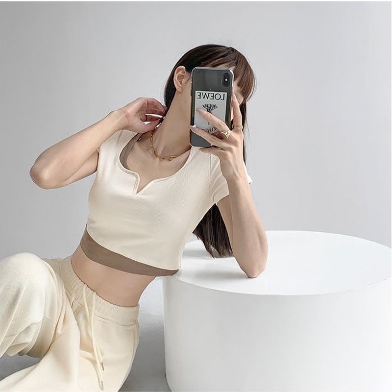 Áo Thun Croptop Ngắn Tay Giả Hai Lớp Thiết Kế Thời Trang Cho Nữ