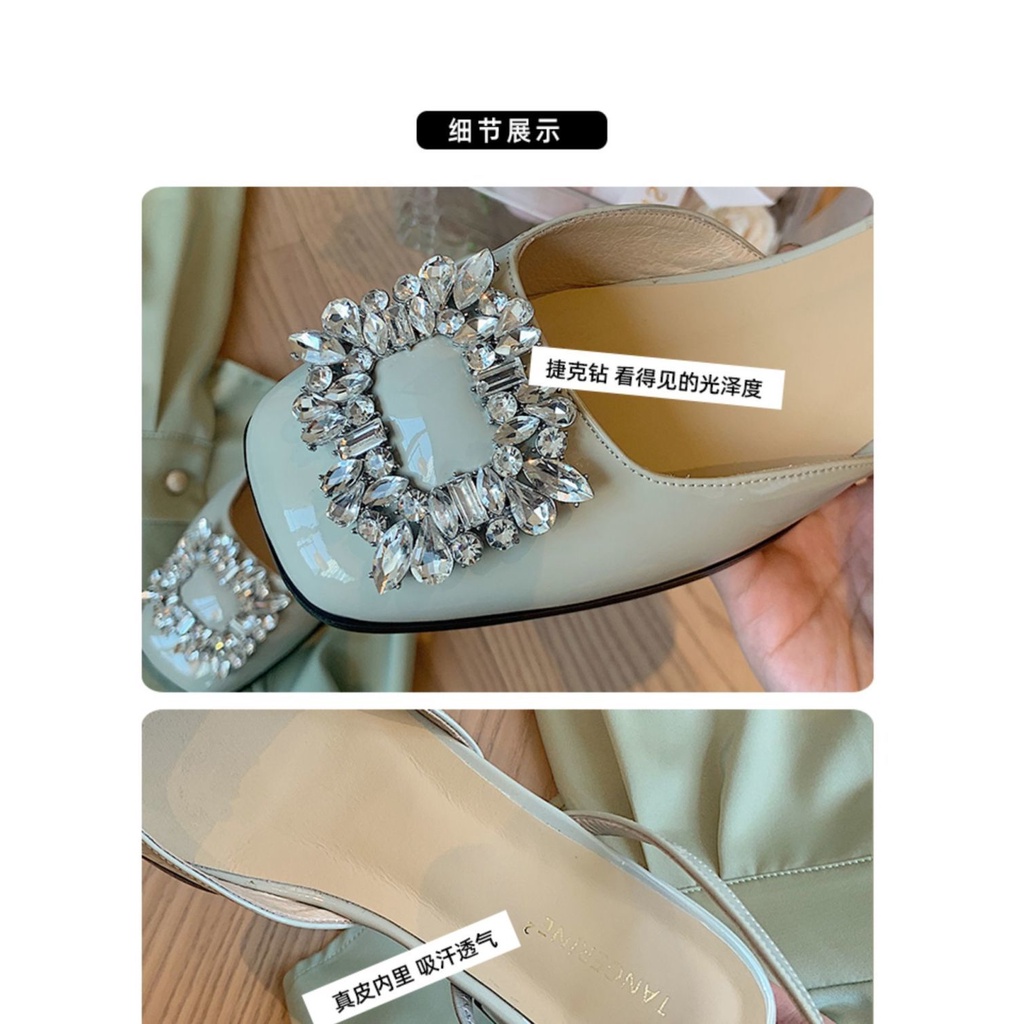 Giày Sandal Bít Mũi Bằng Da Bóng Đính Đá Phối Khóa Vuông Thời Trang 2022 Cho Nữ