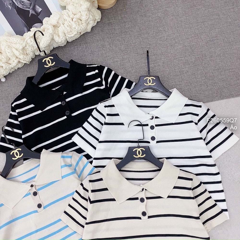 Áo len form ngắn kẻ sọc cổ bẻ tay con hàng QC!