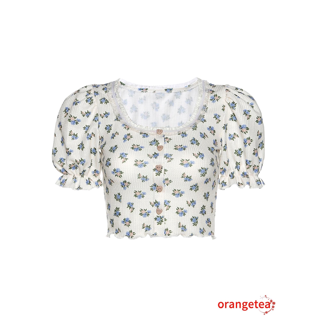 Ladies Floral Print Round Neck Ruffle Short Sleeve T-shirts