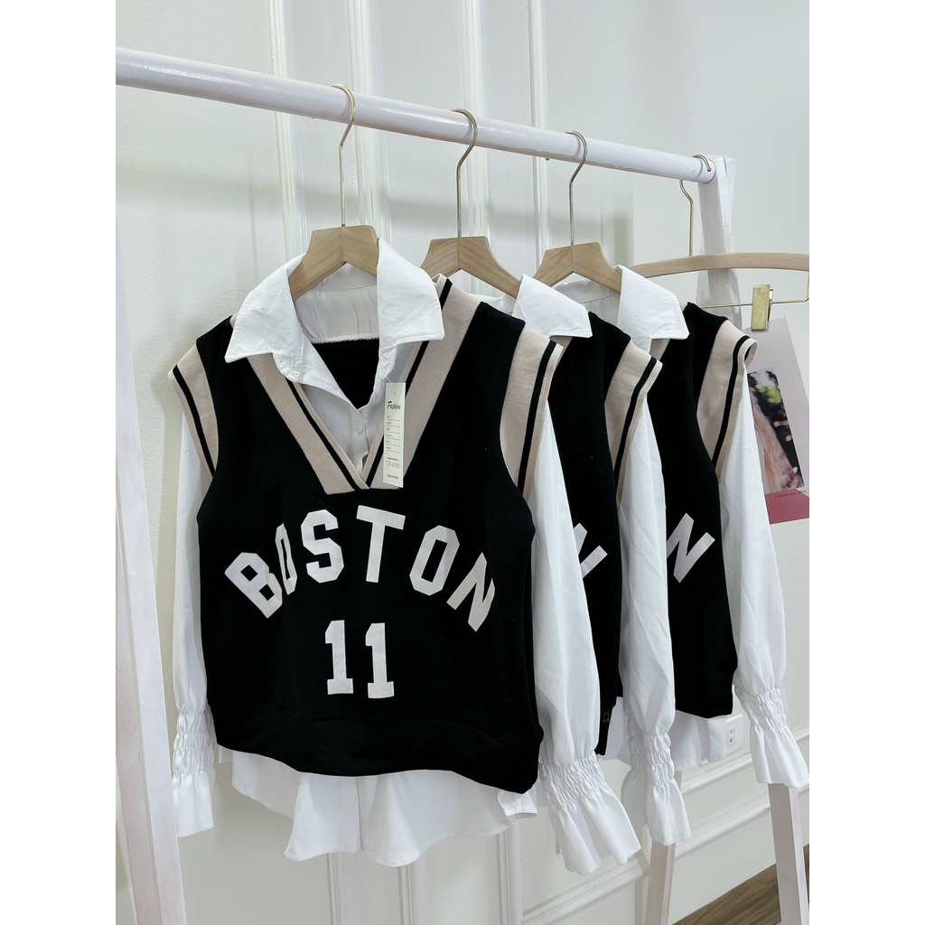 SET ÁO SƠ MI TRẮNG CỔ BẺ CHUN TAY BÈO ÁO GILE ĐEN BOSTON 11