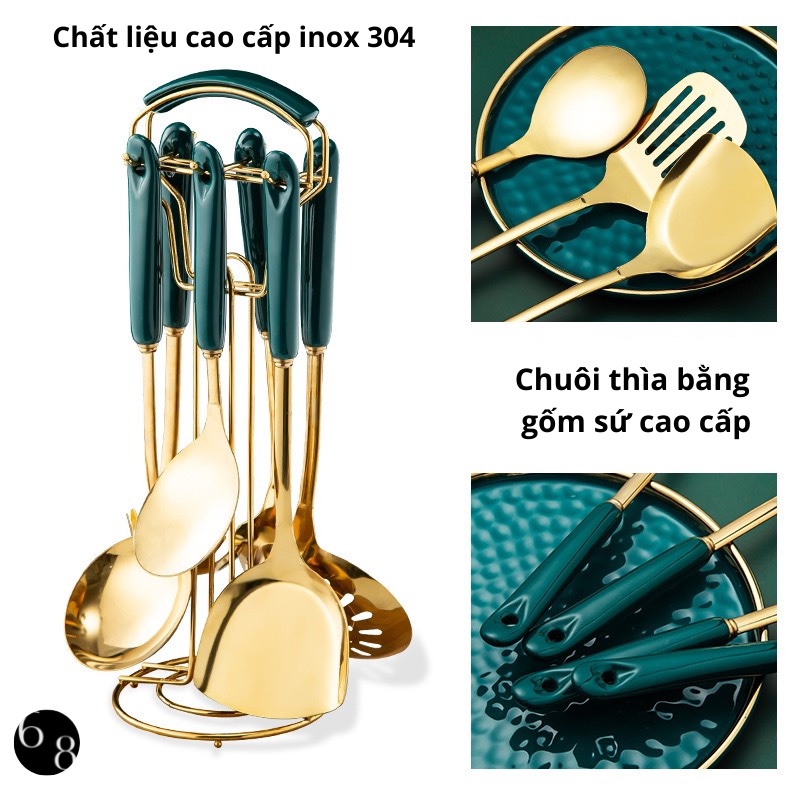 Bộ Muôi Thìa Muỗng Nhà Bếp Kèm Giá Treo Cao Cấp Inox 304 Không Gỉ