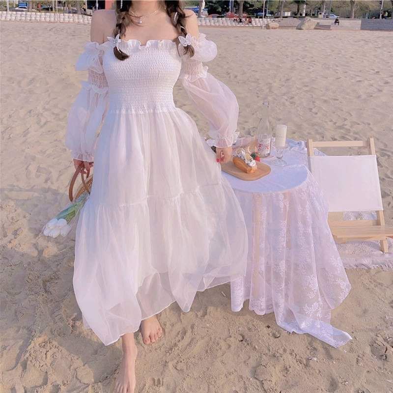 [QUÀ TẶNG 1C KHẨU TRANG]Váy tiểu thư trắng trễ vai 💥Đầm xòe 2 lớp có lót trong💥Đầm tiểu thư Maxi -CH123